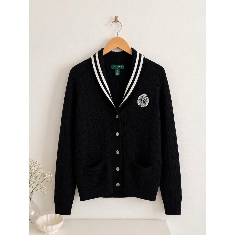 Lauren Ralph Lauren Active Cardigan Blk Varsity Cable Knit Shawl Collar Size XS - Picture 2 of 14